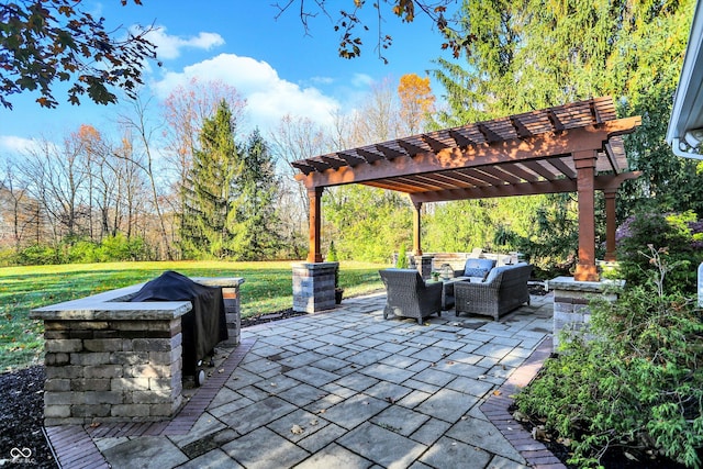 view of patio / terrace with outdoor lounge area and a pergola