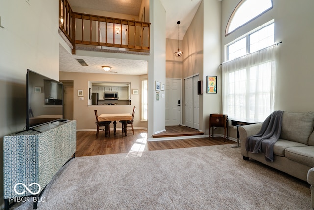 living room with a towering ceiling, a textured ceiling, and wood-type flooring