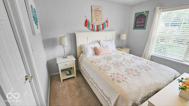 bedroom featuring dark colored carpet