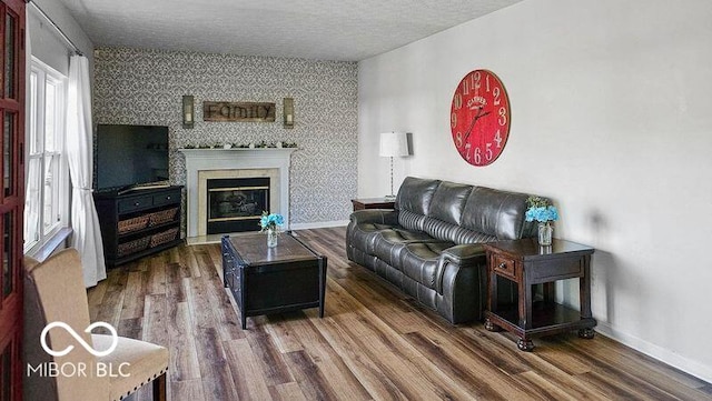 living room featuring a textured ceiling and dark hardwood / wood-style floors