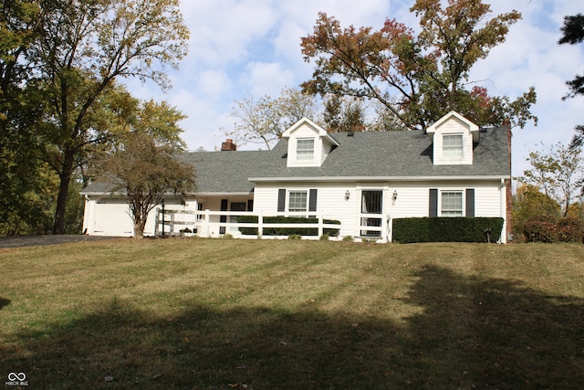 cape cod home featuring a front lawn and a garage