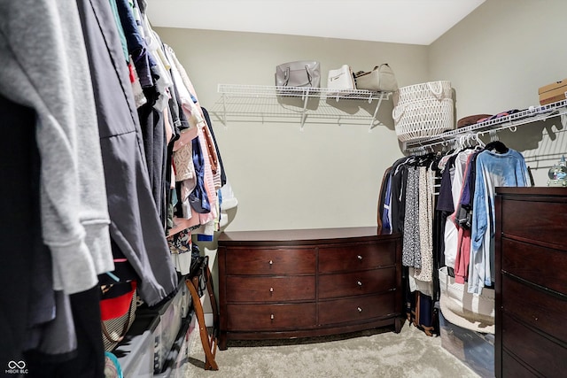 walk in closet featuring light carpet