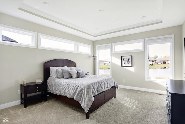 carpeted bedroom with multiple windows and a raised ceiling