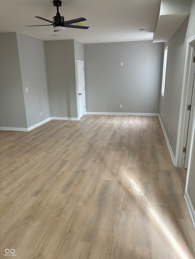 empty room featuring ceiling fan and light hardwood / wood-style flooring