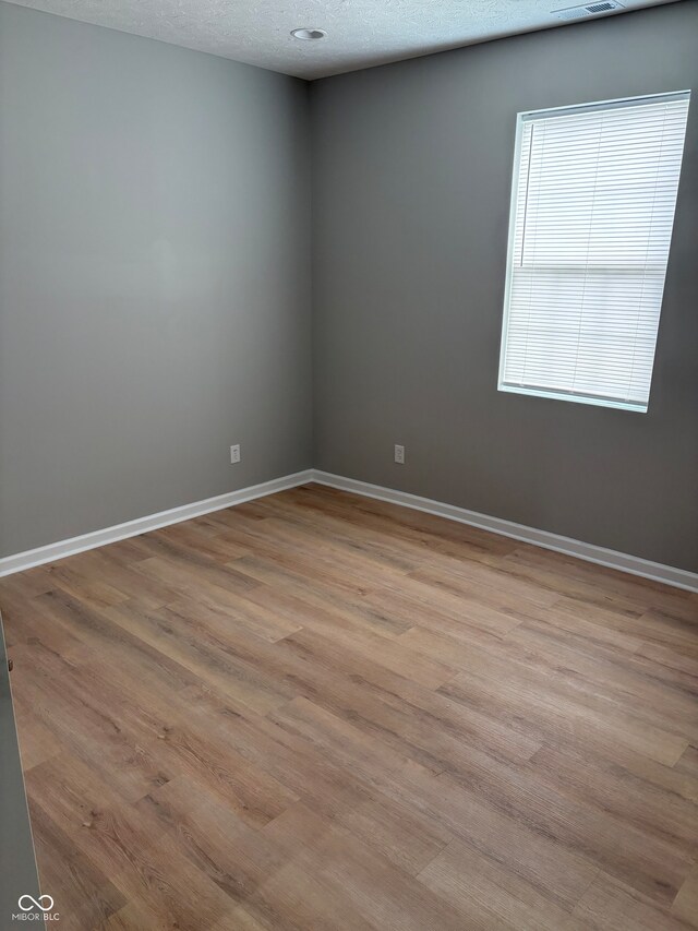 empty room featuring a textured ceiling and light wood-type flooring