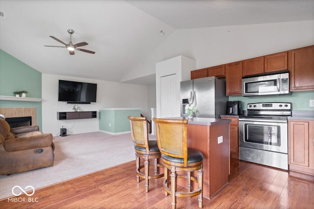 kitchen featuring a fireplace, dark hardwood / wood-style flooring, ceiling fan, stainless steel appliances, and vaulted ceiling