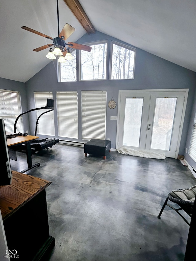 workout room featuring french doors, high vaulted ceiling, and ceiling fan