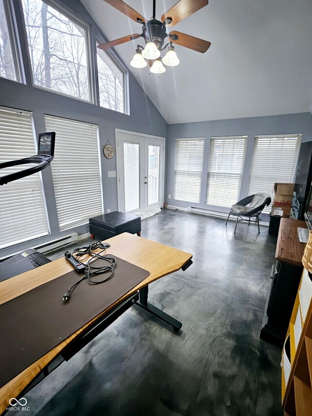 workout area with high vaulted ceiling, french doors, and ceiling fan