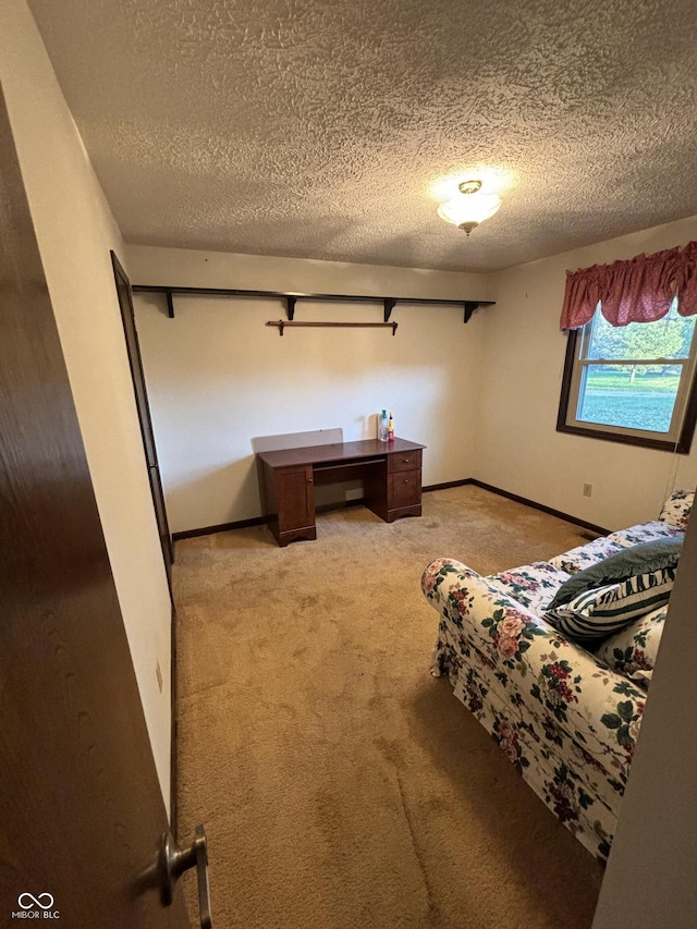 unfurnished bedroom with light carpet and a textured ceiling