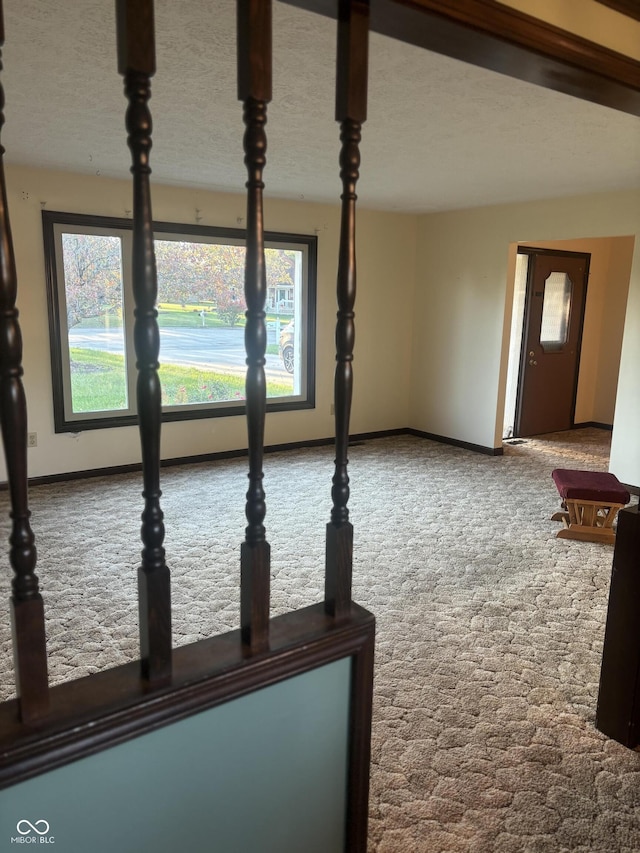 interior space with carpet floors and a textured ceiling