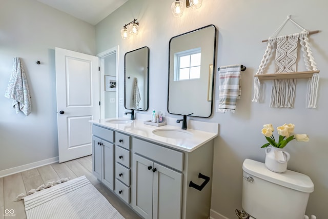 bathroom with vanity, hardwood / wood-style floors, and toilet