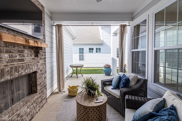 exterior space featuring an outdoor brick fireplace