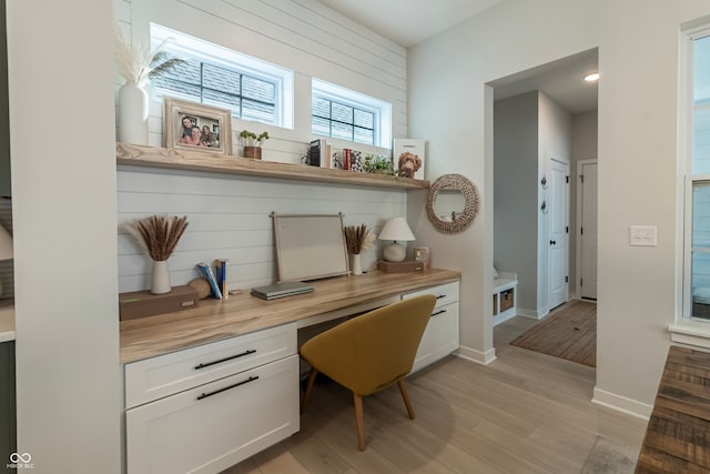 office space featuring light hardwood / wood-style flooring, built in desk, and wooden walls