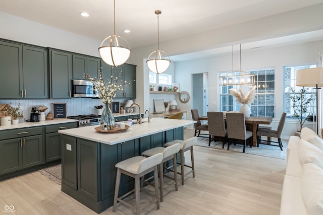 kitchen featuring tasteful backsplash, a center island with sink, hanging light fixtures, appliances with stainless steel finishes, and light wood-type flooring