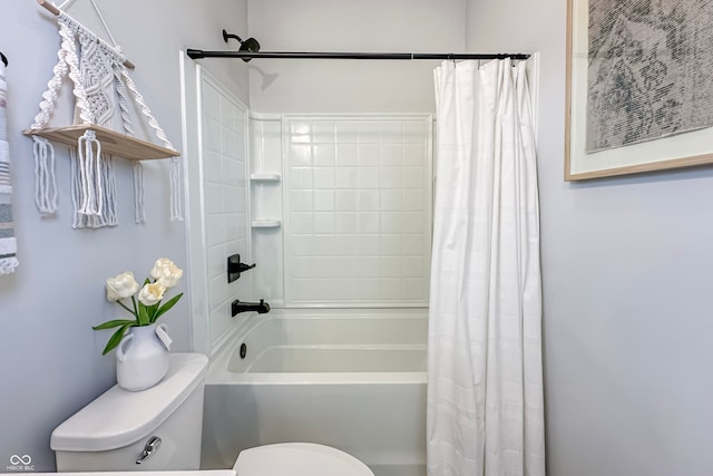 bathroom with toilet and shower / tub combo with curtain