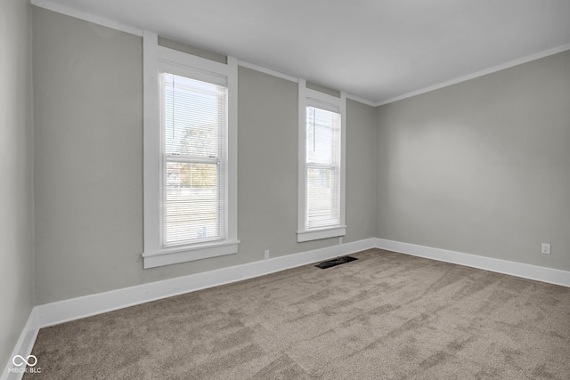 unfurnished room with crown molding, a healthy amount of sunlight, and carpet flooring