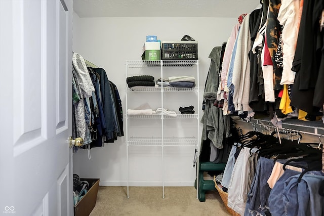 walk in closet featuring light carpet