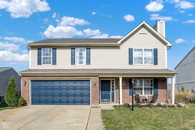 view of front property with central AC unit, a garage, a front lawn, and a porch