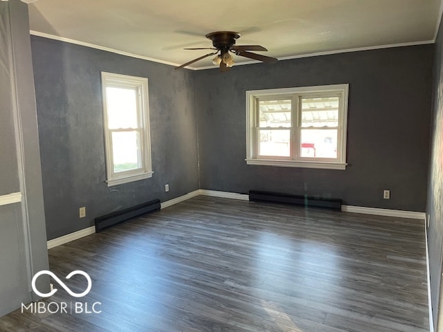 unfurnished room with baseboard heating, dark wood-type flooring, ceiling fan, and crown molding