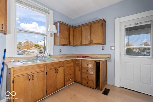 917 S 15th St, New Castle, IN 47362 - kitchen with a sink, light wood-style floors, visible vents, light countertops, and brown cabinetry
