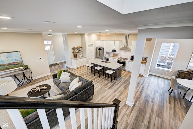 living room with crown molding, sink, and light wood-type flooring