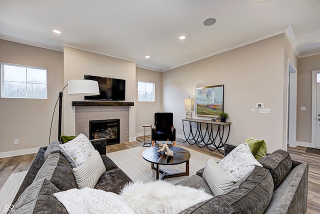 living room featuring light hardwood / wood-style floors, plenty of natural light, and ornamental molding