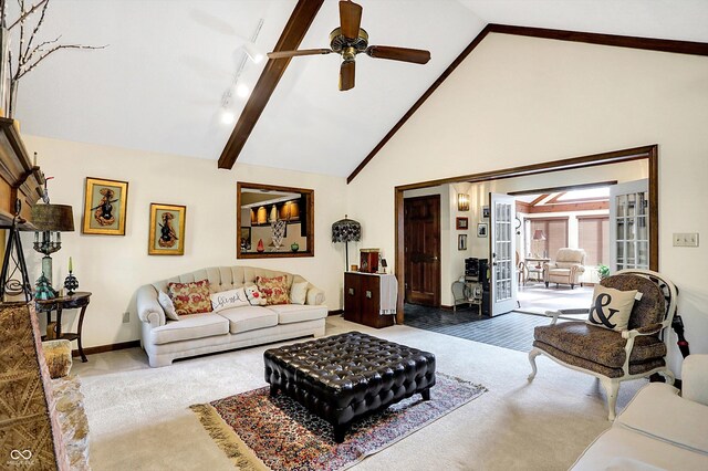 8530 Helmsman Cir, Indianapolis, IN 46256 - living room featuring ceiling fan, high vaulted ceiling, and rail lighting