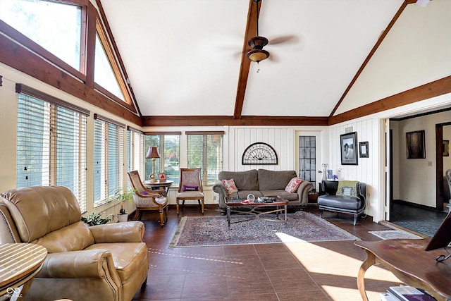 8530 Helmsman Cir, Indianapolis, IN 46256 - living area featuring high vaulted ceiling, ceiling fan, and beamed ceiling