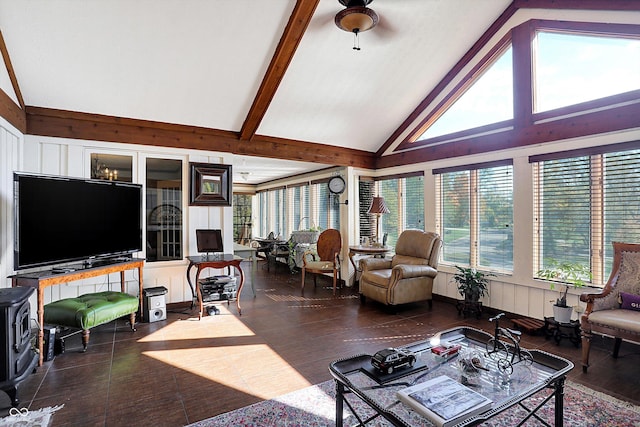 8530 Helmsman Cir, Indianapolis, IN 46256 - living area with healthy amount of natural light, high vaulted ceiling, a ceiling fan, beam ceiling, and wood finished floors