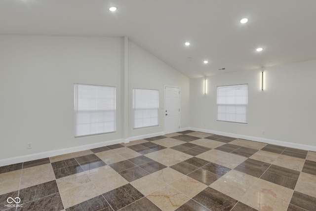 1208 W 18th St, Indianapolis, IN 46202 - unfurnished room featuring recessed lighting, baseboards, high vaulted ceiling, and tile patterned flooring