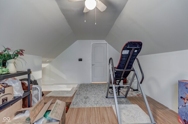 6971 Lynx Dr, Nineveh, IN 46164 - office space featuring ceiling fan, vaulted ceiling, and wood finished floors