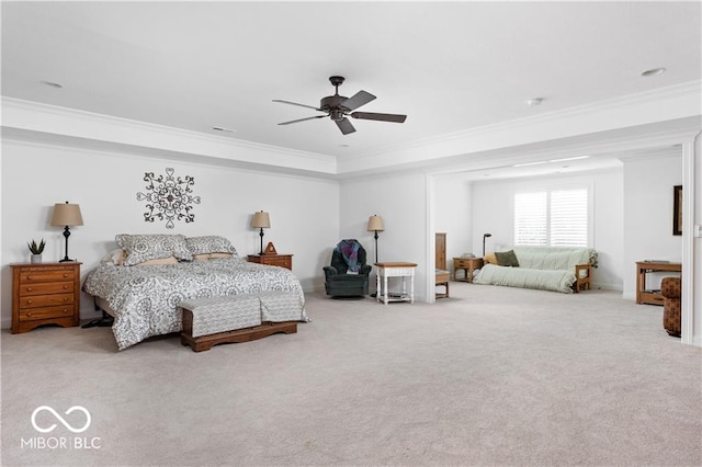 bedroom featuring carpet, ceiling fan, and ornamental molding