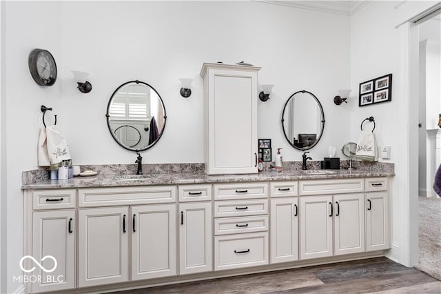 bathroom with vanity, crown molding, and wood-type flooring