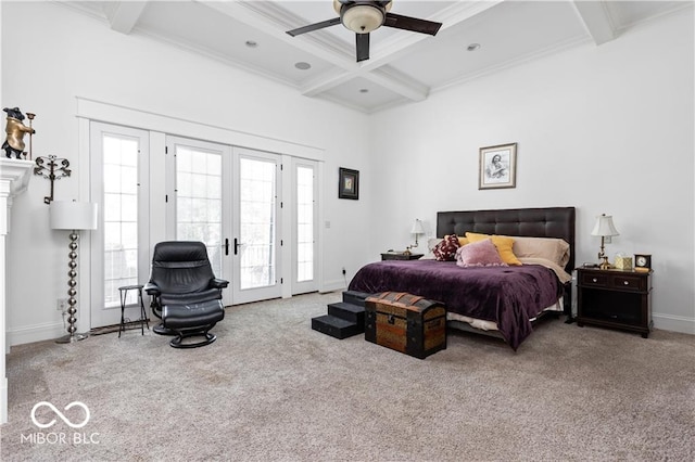 carpeted bedroom featuring french doors, access to outside, beam ceiling, ornamental molding, and ceiling fan