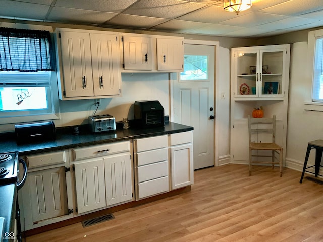 kitchen with a healthy amount of sunlight, light hardwood / wood-style flooring, and white cabinets