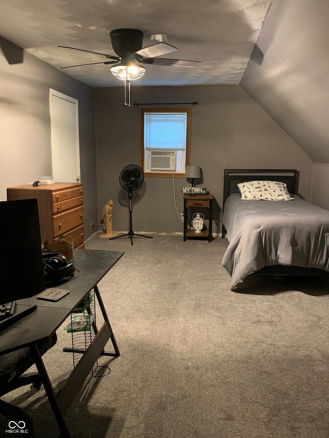 bedroom featuring ceiling fan, lofted ceiling, carpet flooring, and cooling unit