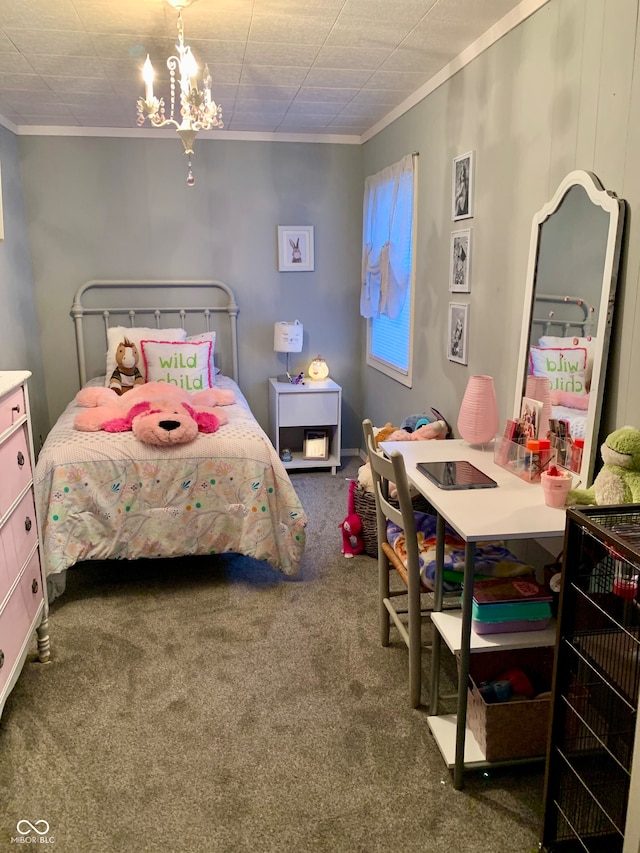 bedroom with crown molding, carpet floors, and an inviting chandelier