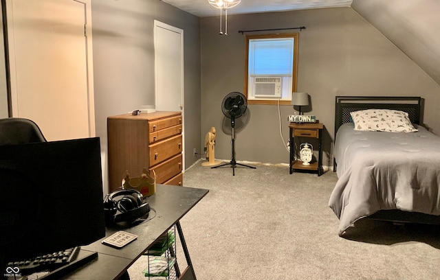 bedroom with carpet, cooling unit, and vaulted ceiling