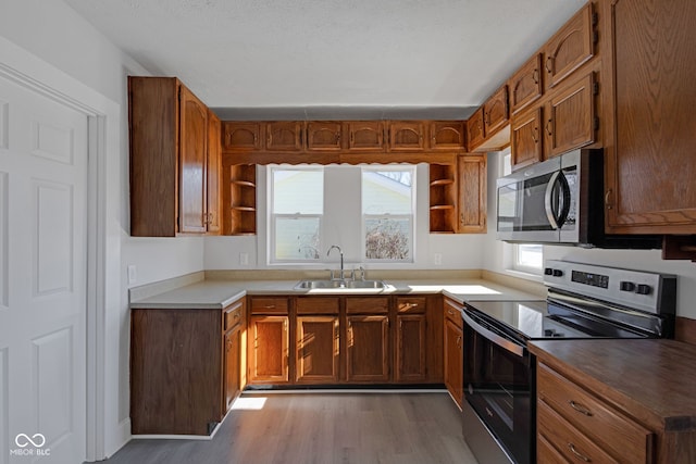 kitchen with stainless steel appliances, sink, and light hardwood / wood-style flooring