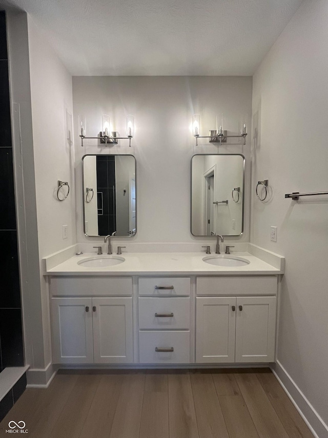 bathroom with hardwood / wood-style flooring and vanity