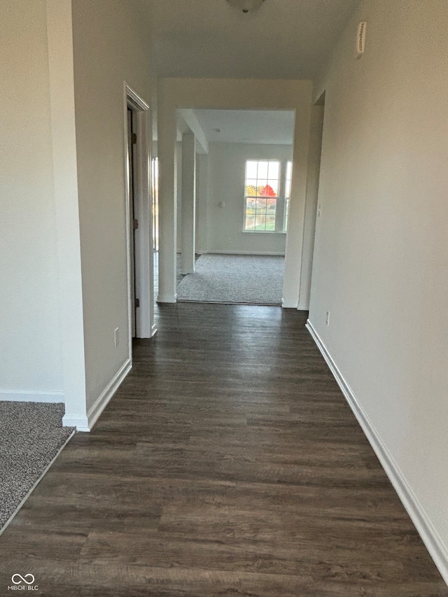 corridor with dark hardwood / wood-style flooring