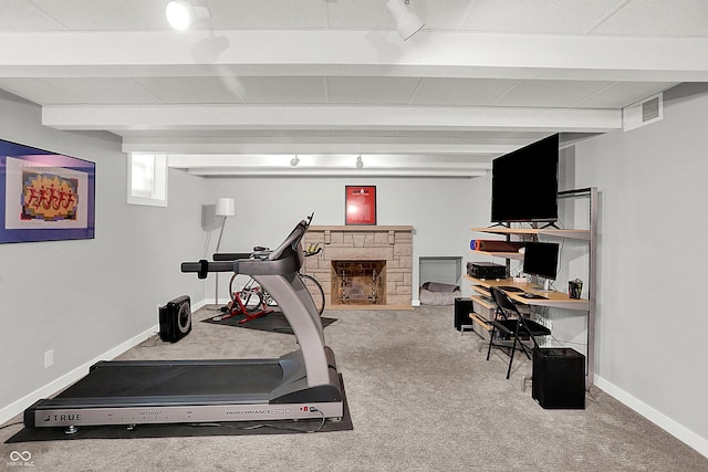 workout area with a fireplace and carpet flooring