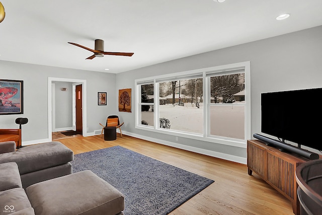 living room with ceiling fan and light wood-type flooring