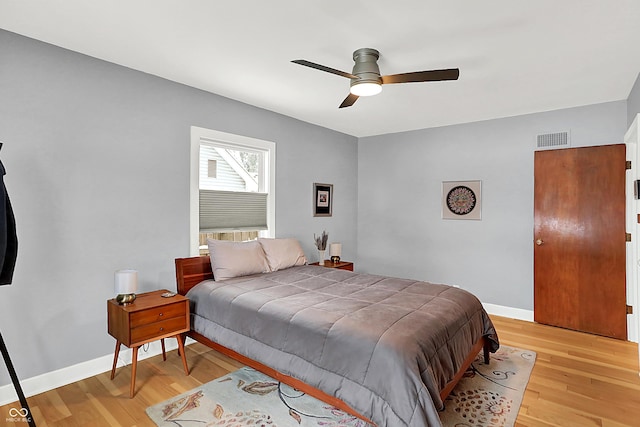 bedroom with ceiling fan and light wood-type flooring