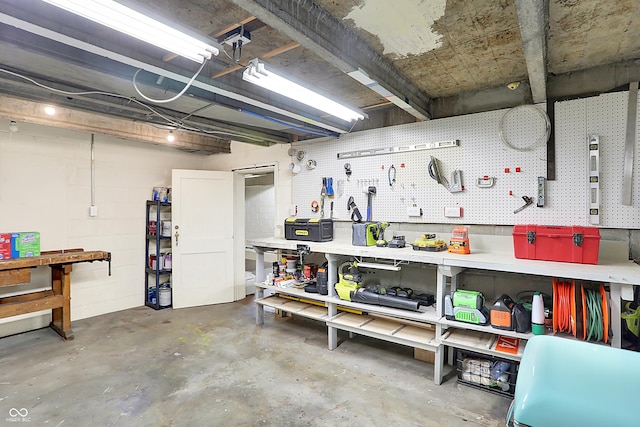 basement featuring a workshop area