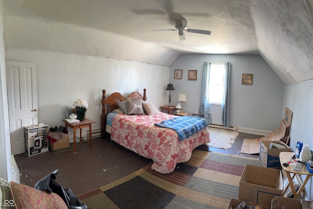 bedroom with dark hardwood / wood-style flooring, lofted ceiling, and ceiling fan