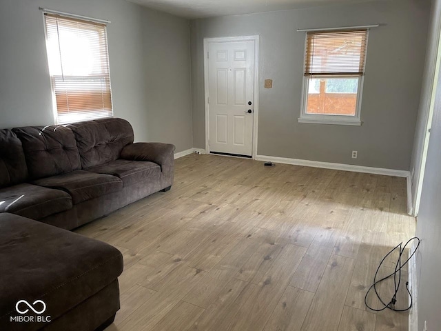 living room featuring a wealth of natural light, wood finished floors, and baseboards