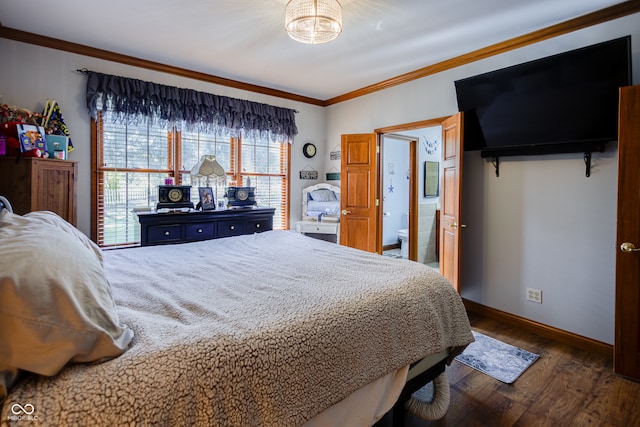 bedroom featuring dark wood-type flooring and crown molding