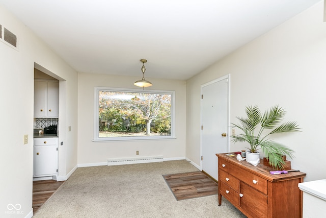 interior space featuring light colored carpet and a baseboard radiator