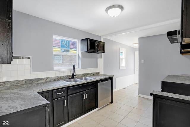 kitchen with sink, dishwasher, light tile patterned flooring, and decorative backsplash